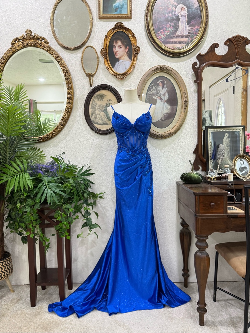 Royal Blue Starlit Mermaid Gown - Beaded Corset Whimsical Prom Dress